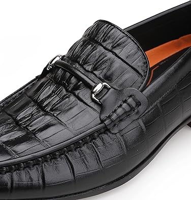 Premium Leather Dress Shoes for Mens, Black Fashion Crocodile Printed Business Slip-on Loafer Shoes for Men