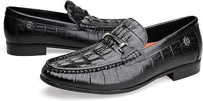 Premium Leather Dress Shoes for Mens, Black Fashion Crocodile Printed Business Slip-on Loafer Shoes for Men